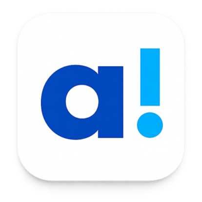 Minimalistisches App-Icon der Akademie der Bayerischen Presse mit blauem „a“ und türkisfarbenem Ausrufezeichen auf weißem Hintergrund.